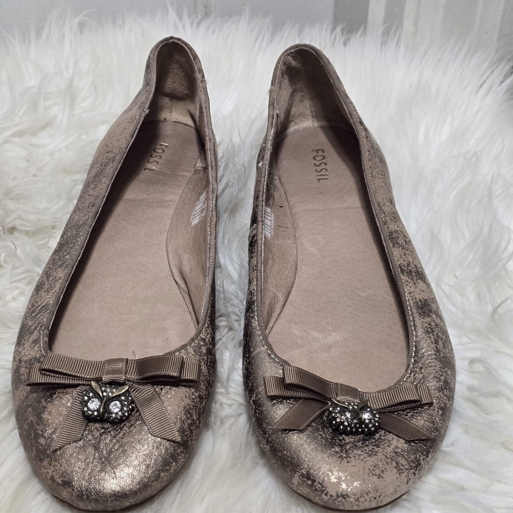 Fossil Women's Tan Distressed Leather Ballet Flats Size 10
